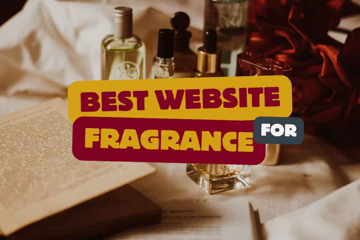 A cozy scene featuring an open book and various perfume bottles on a soft fabric background, with bold text overlay reading 'Best Website for Fragrance' in warm, elegant colors.'