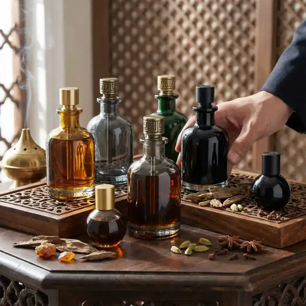Collection of perfume bottles on a wooden tray with a hand reaching for one bottle.