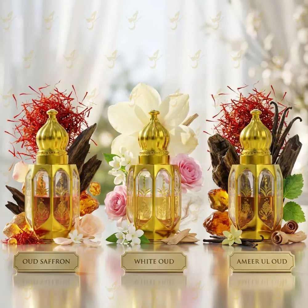 Three gold perfume bottles labeled 'Oud Saffron', 'White Oud', and 'Ameer Ul Oud' with floral and spice decorations on a reflective surface.