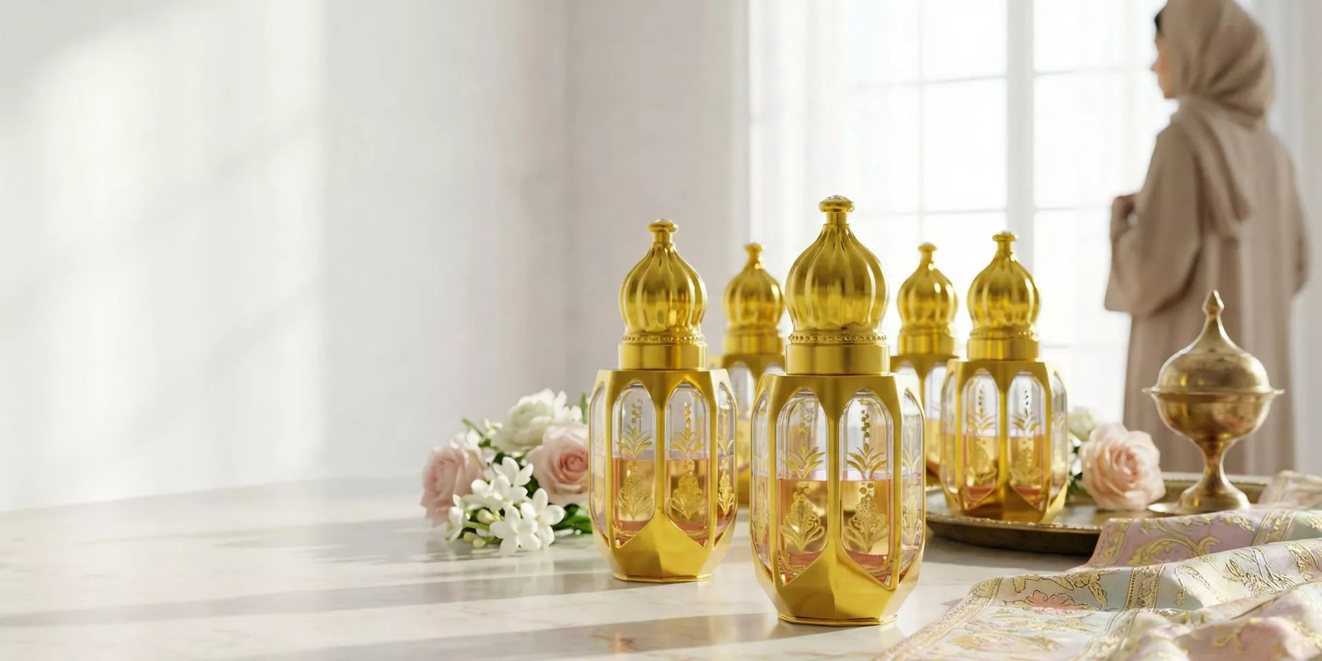 Gold perfume bottles on a table with a blurred background