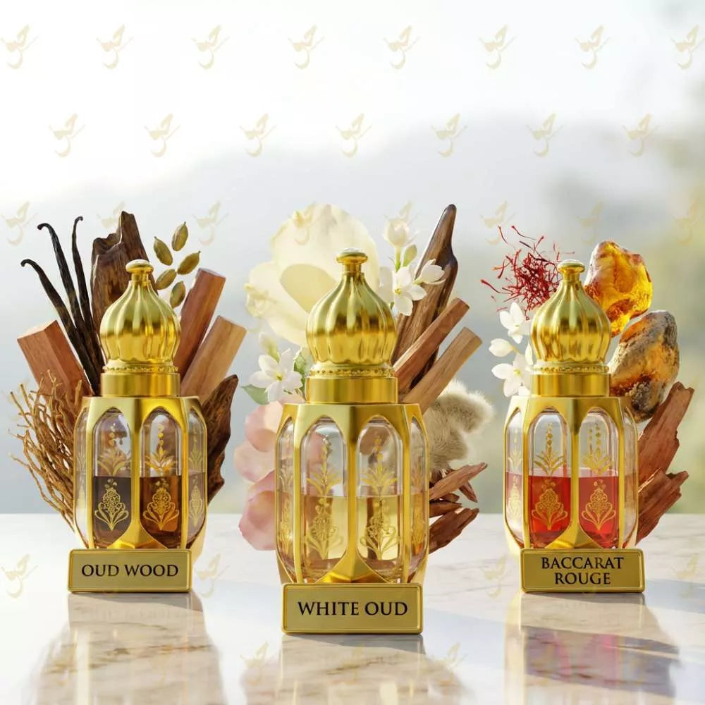 Three gold perfume bottles labeled 'Oud Wood', 'White Oud', and 'Baccarat Rouge' with decorative elements on a light background. Main image