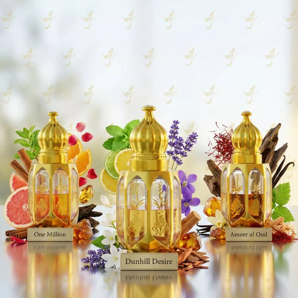 Three gold perfume bottles with floral and fruit decorations on a reflective surface. with a name plat in front f bottle stating "Dunhill Desire", "One Million", and "Ameer Ul OUD". Main image