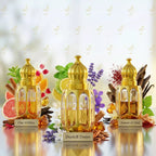 Three gold perfume bottles with floral and fruit decorations on a reflective surface. with a name plat in front f bottle stating "Dunhill Desire", "One Million", and "Ameer Ul OUD".