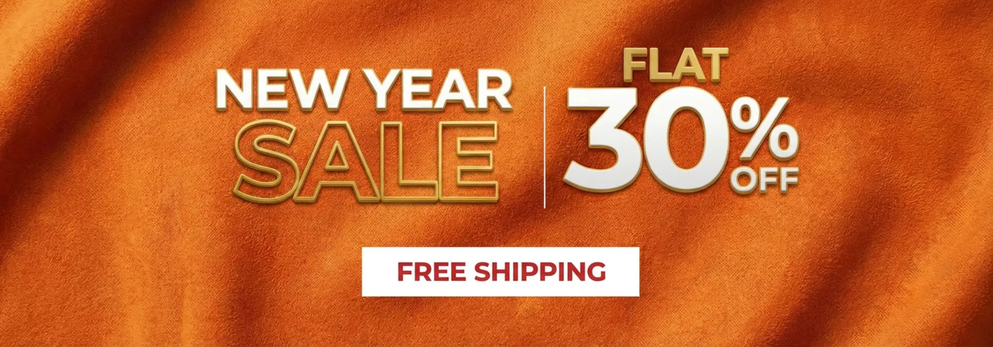 Promotional banner for New Year Sale with 30% off and free shipping on an orange background.