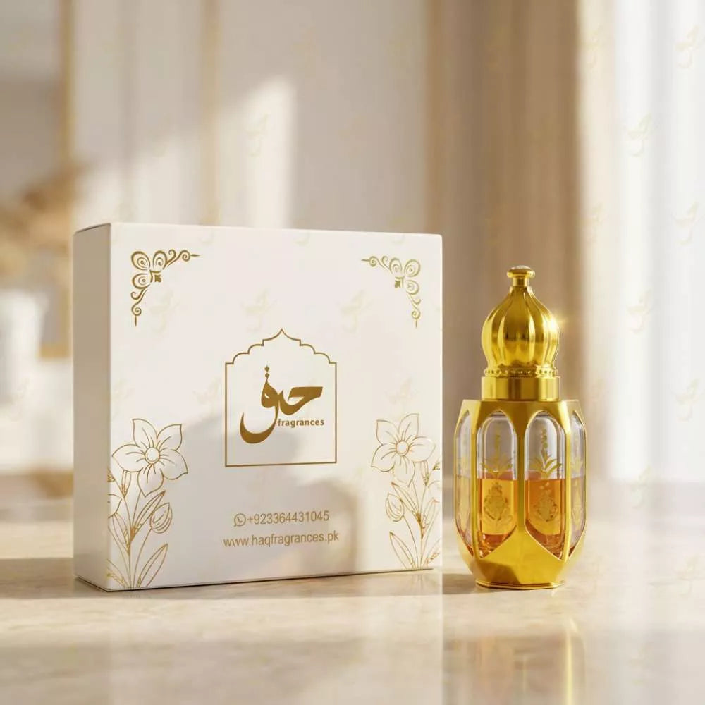 Gold perfume bottle and packaging with 'Hag Fragrances' branding on a light background