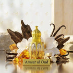 Gold Ameer ul Oud perfume bottle with vanilla beans and flowers on a reflective surface.