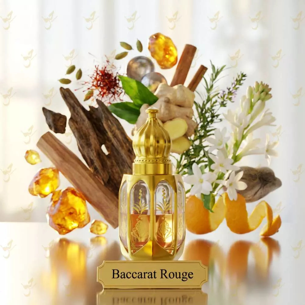 Baccarat Rouge perfume bottle surrounded by spices and flowers on a reflective surface. Main image