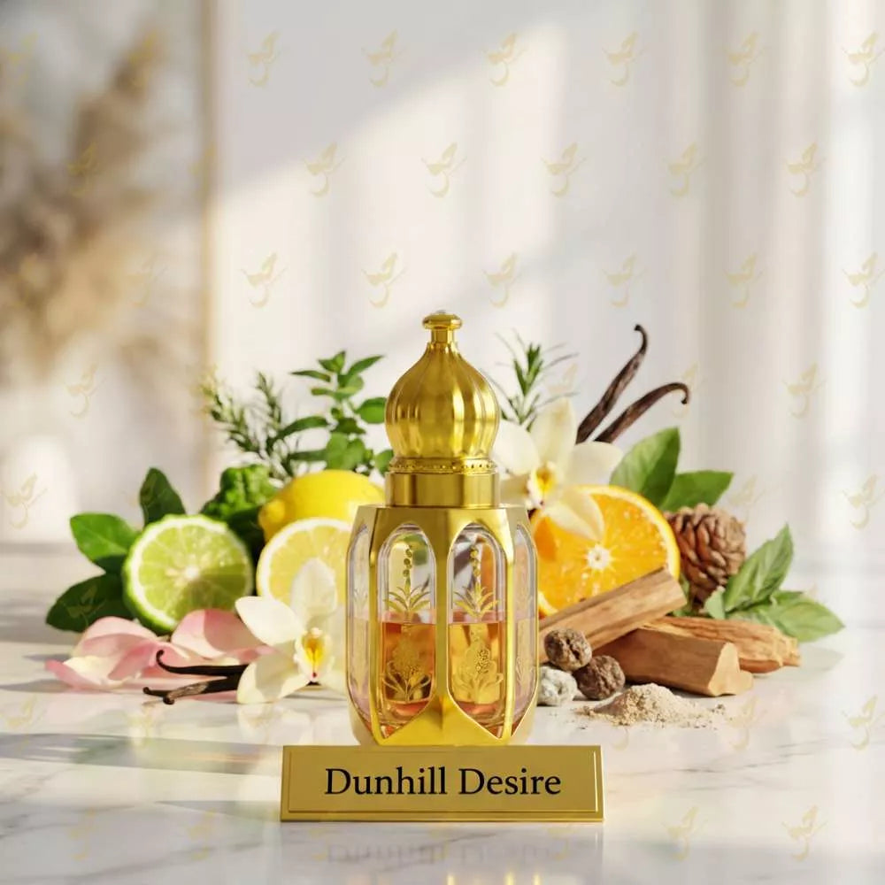 Dunhill Desire perfume bottle with floral and fruit elements on a light background Main image