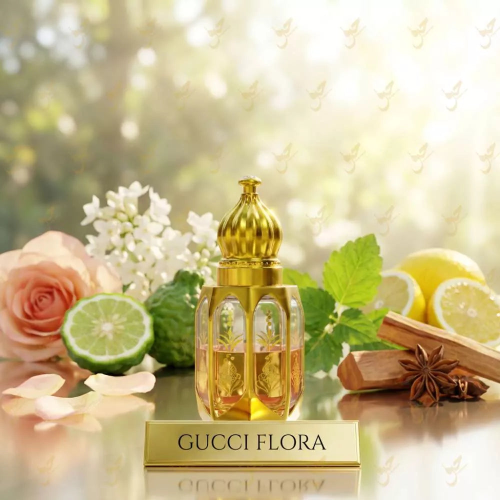 Gucci Flora perfume bottle with floral and fruit elements on a blurred natural background Main image