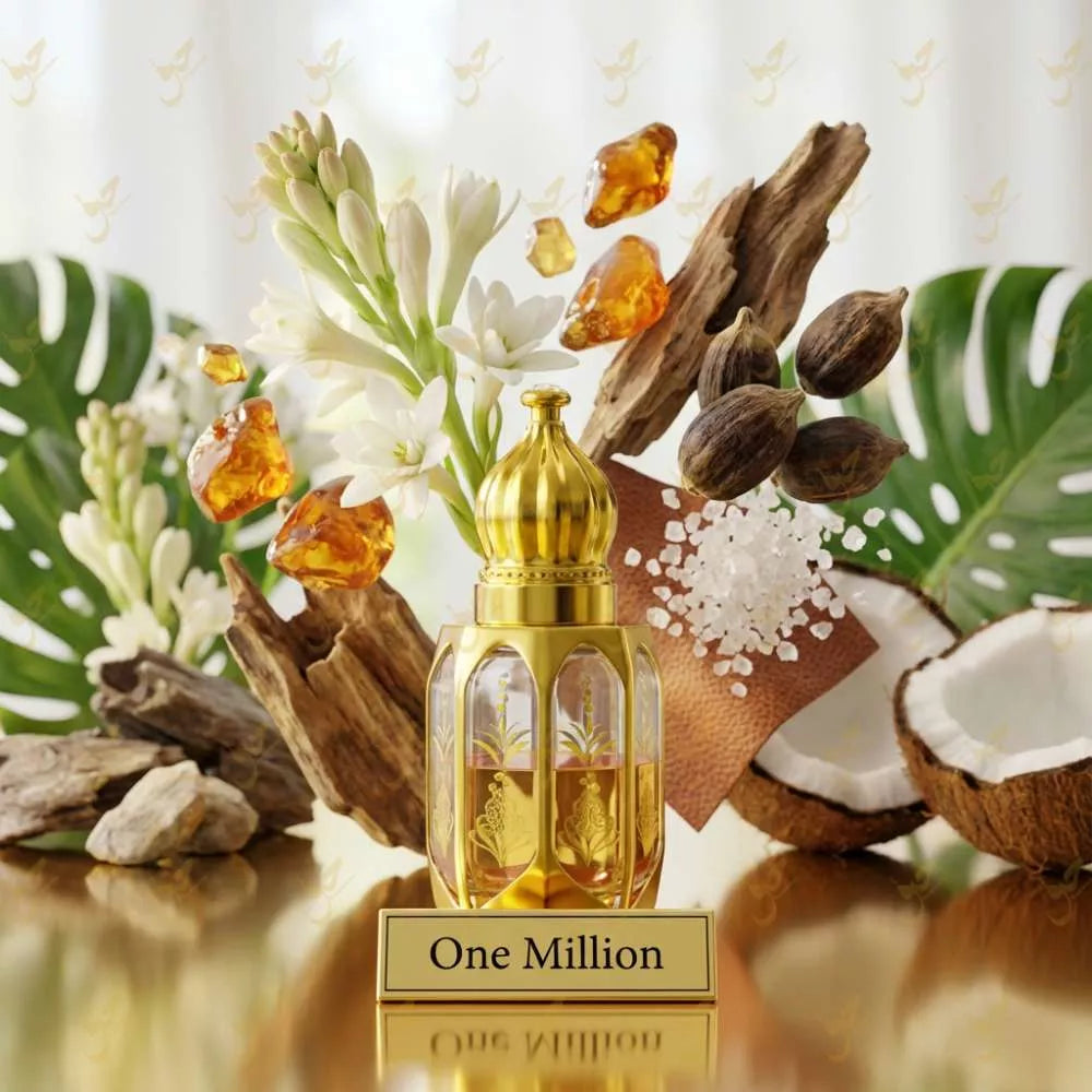 Gold perfume bottle labeled 'One Million' surrounded by tropical elements on a reflective surface. Main image