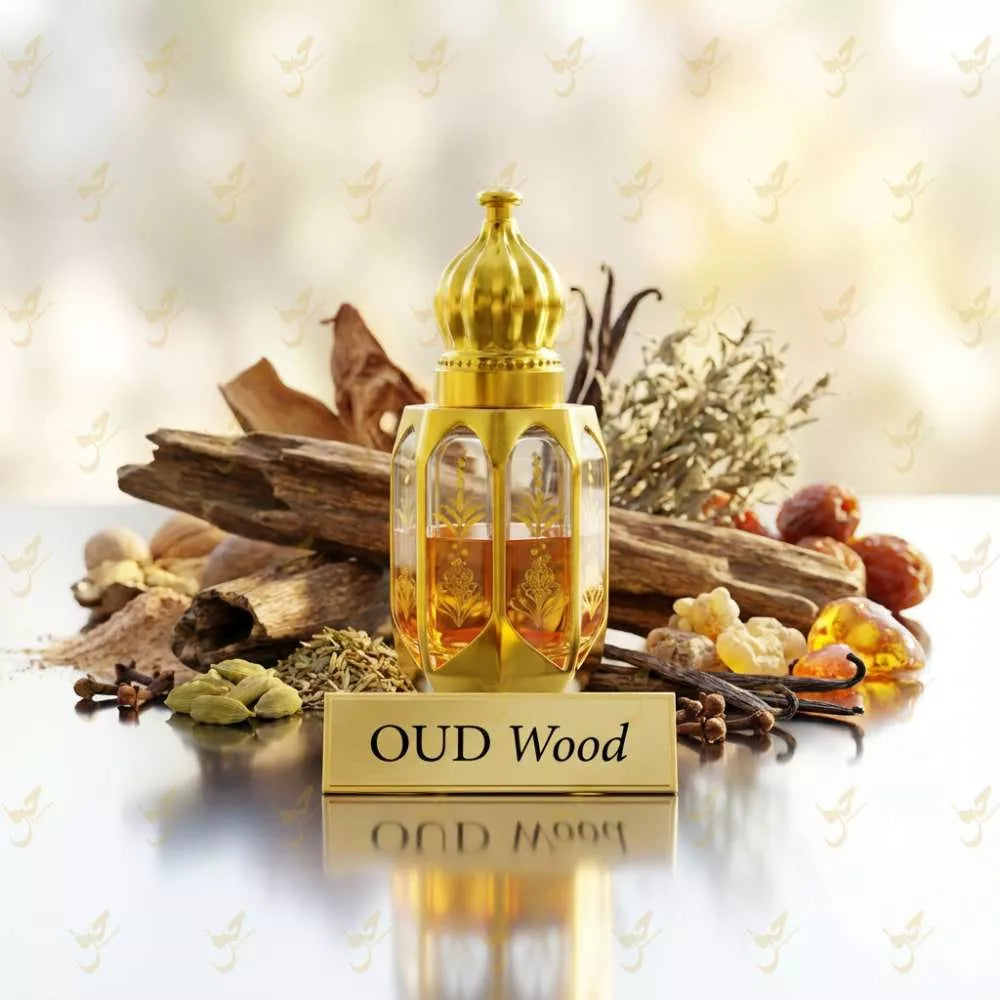 Gold bottle of oud wood perfume with spices and wood on a reflective surface Main image