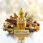 Gold bottle of oud wood perfume with spices and wood on a reflective surface