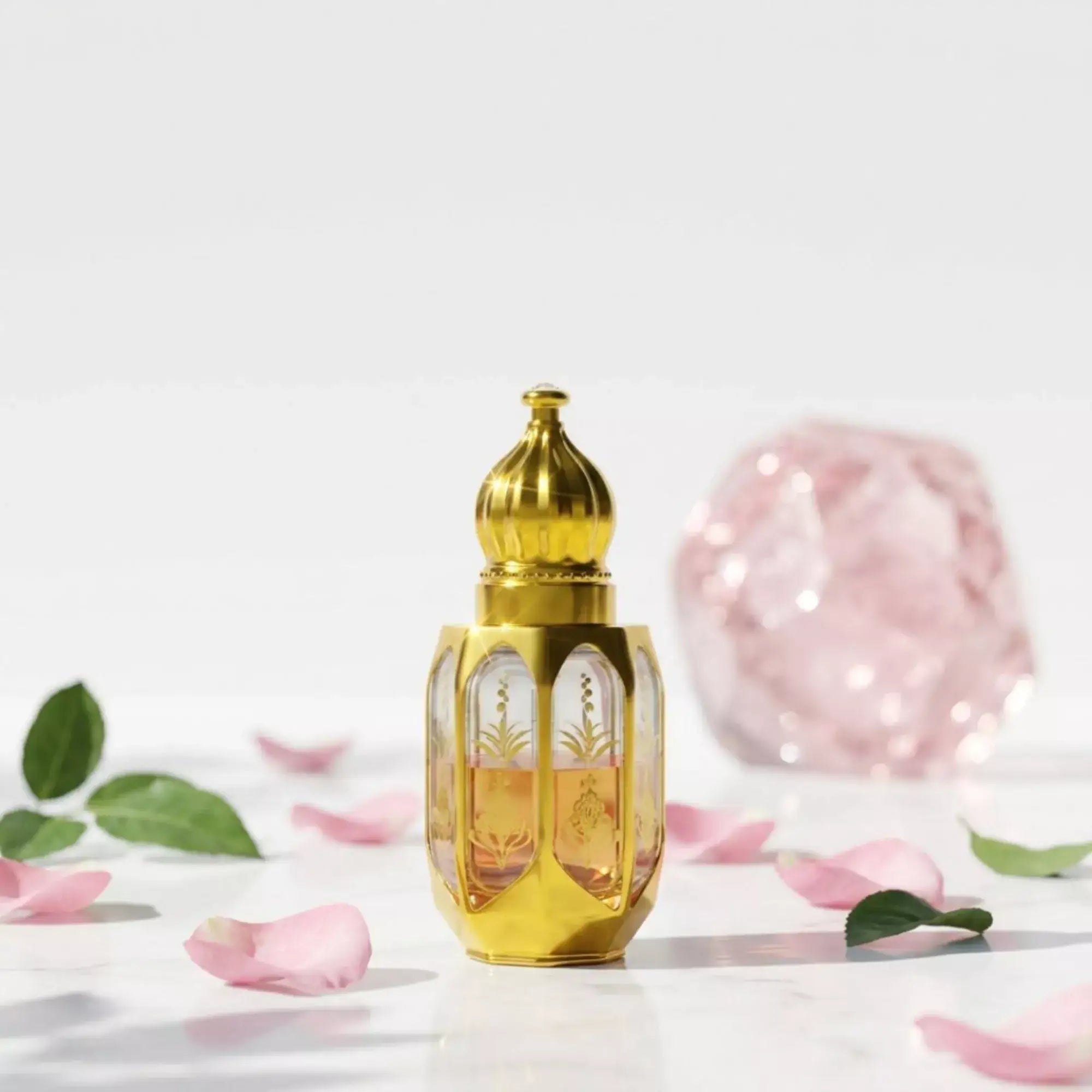 Gold perfume bottle labeled 'Versace Pink' with flowers, fruits, and spices on a white background Main image