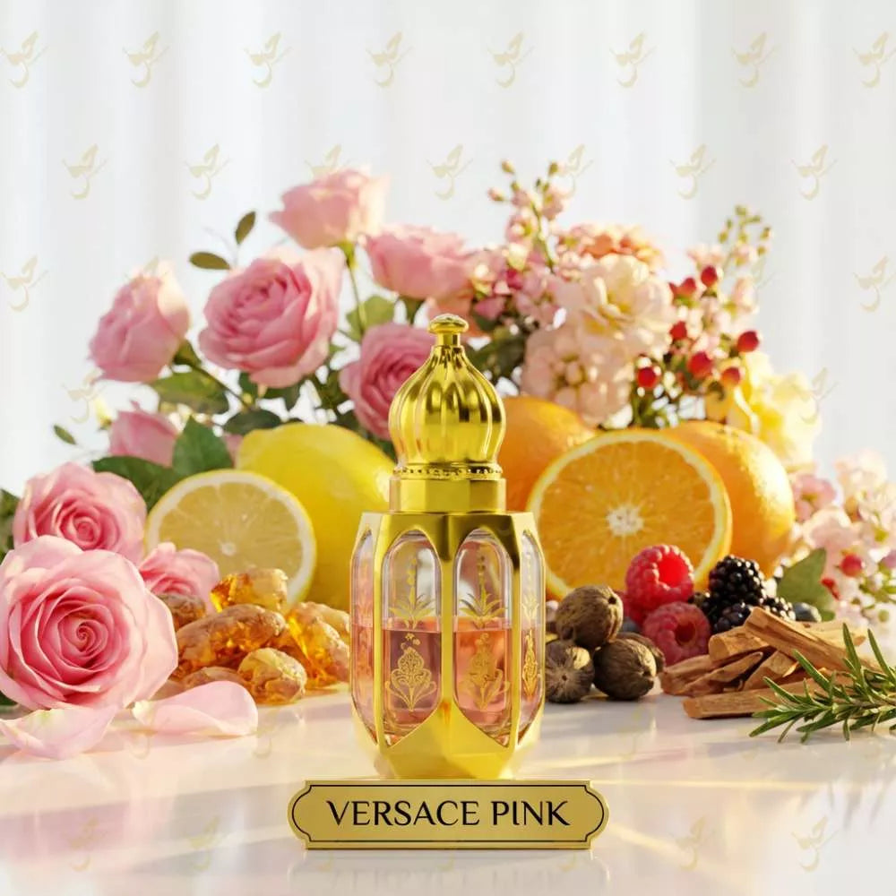Gold perfume bottle labeled 'Versace Pink' with flowers, fruits, and spices on a white background